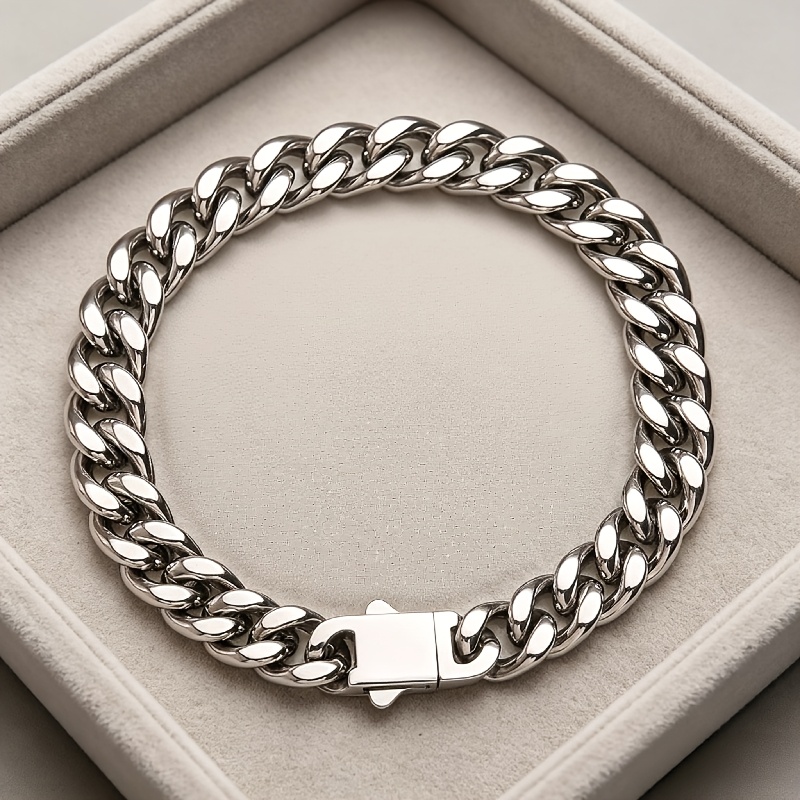 Unisex Shiny Snap Cuban Chain Bracelet, Stainless Steel
